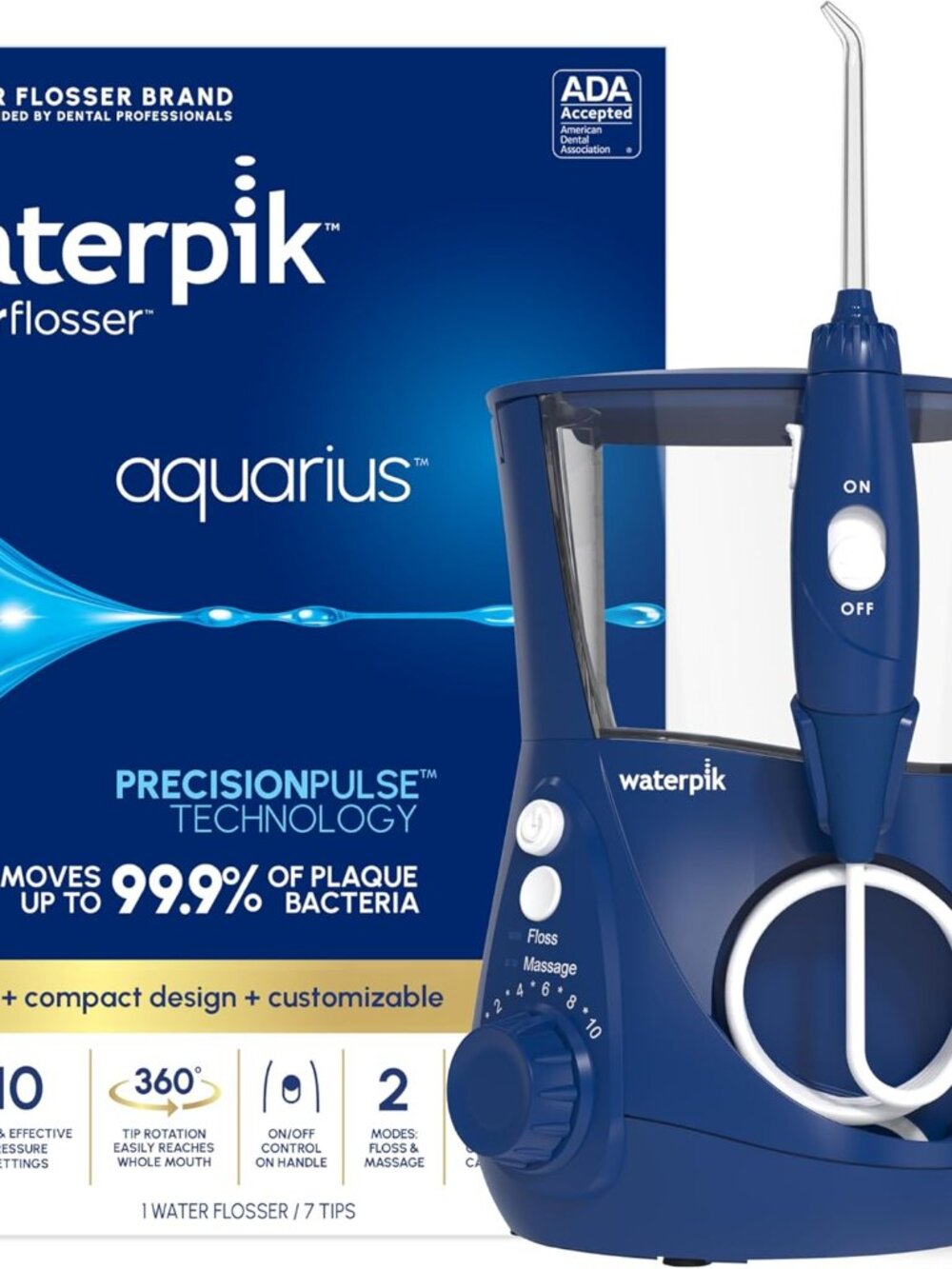 Waterpik Aquarius Countertop Water Flosser with 10 Settings, 7 Tips, Blue